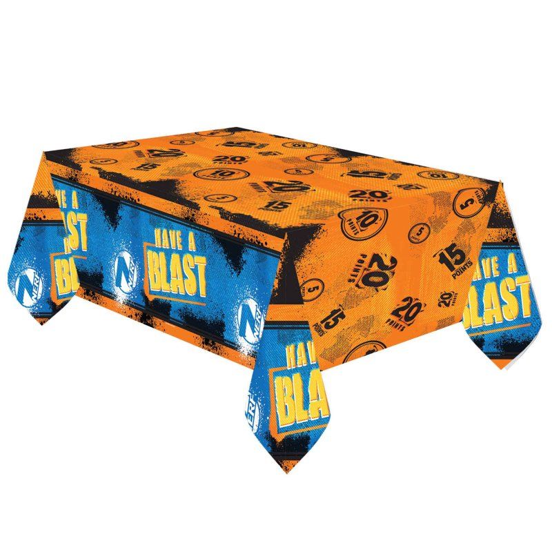 Colorful Nerf-themed paper tablecover measuring 1.8m x 1.2m, perfect for stylish party decor and easy cleanup.