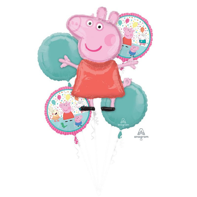 Peppa Pig foil balloon bouquet with one shape balloon and four standard balloons, perfect for kids' birthday parties.