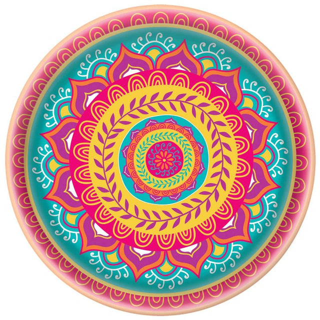 Melamine platter for Diwali, 34cm, features vibrant colors and intricate designs, perfect for serving sweets and snacks.