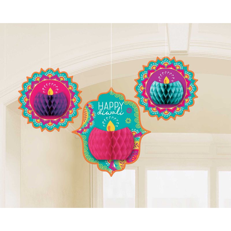 Colorful honeycomb hanging decorations for Diwali, featuring 2 at 26cm and 1 at 35cm, perfect for festive home decor.