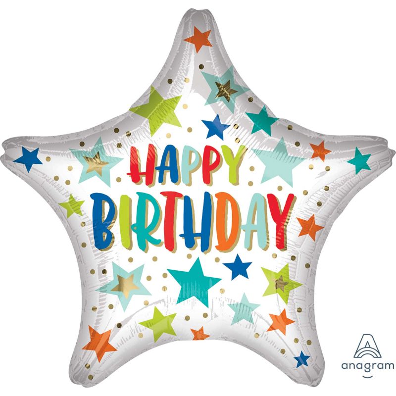 Jumbo 71cm Happy Birthday foil balloon with colorful stars and dots, perfect for festive celebrations and parties.