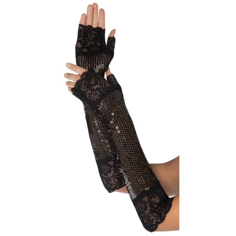 Elegant black fingerless gloves adorned with sequins, perfect for 1920s-themed parties and vintage-inspired outfits.