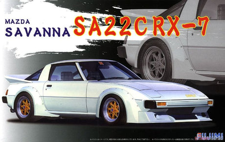 Detailed Fujimi 1/24 Mazda Savanna RX-7 model kit, perfect for hobbyists aged 10+, requiring glue and paint for completion.