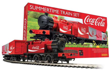 Hornby Summertime Coca-Cola Train Set featuring a vivid Coke® Red locomotive and wagons, ideal for collectors and beginners.