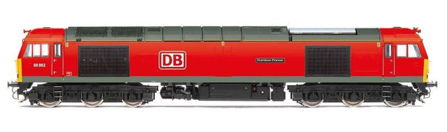 Hornby DB Cargo Cl.60 Stainless Pioneer model, showcasing intricate details and authentic livery, celebrating British rail heritage.