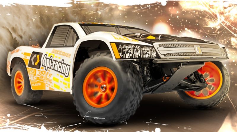 RC truck featuring strong aluminum chassis, powerful FLUX motor, 2.4 GHz radio, and striking HPI graphics for rugged racing fun.