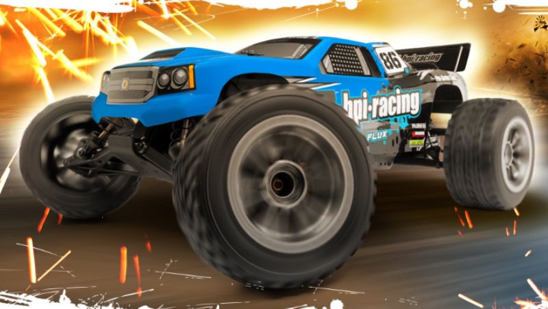 Radio control truck Jumpshot ST Flux, featuring a powerful motor, 2WD design, large tires, and sleek HPI graphics for racing fun.