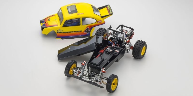 Kyosho 1/10 EP Kit 2WD Beetle Retro RC car featuring lightweight design, high-grip tires, pre-assembled gearbox, and customizable body.