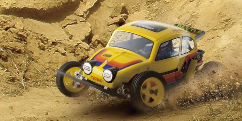 Kyosho 1/10 EP Kit 2WD Beetle Retro RC car with lightweight design, pre-assembled gearbox, and high-grip tires for superior performance.