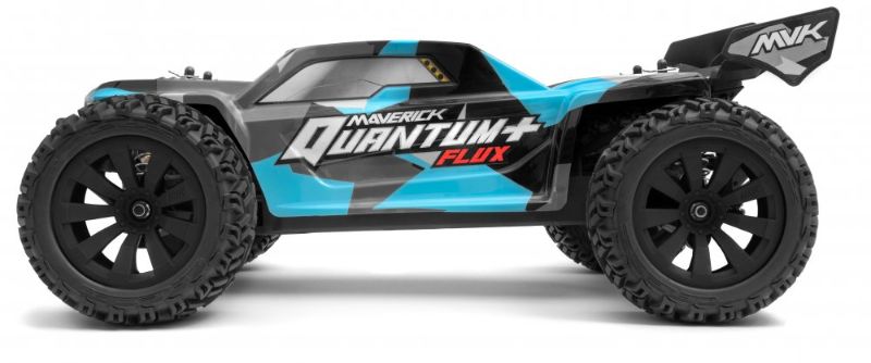 Maverick 1/10 QUANTUM+ FLUX 3S RC truck in blue, featuring bold wheels, aggressive design, and advanced power system for off-road fun.