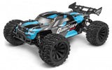 Maverick 1/10 QUANTUM+ FLUX 3S RC truck in blue, featuring oversized wheels, aggressive design, and advanced power system for off-roading.