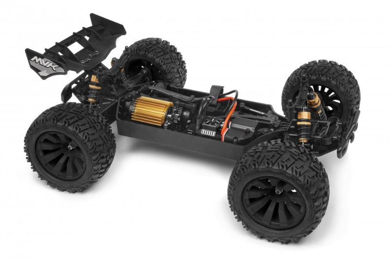 Blue Maverick 1/10 QUANTUM+ FLUX 3S RC truck with aggressive body, oversized wheels, and advanced handling features.