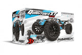 Maverick 1/10 QUANTUM+ FLUX 3S RC truck in blue with oversized wheels, aggressive design, and enhanced stability for off-road fun.