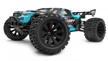 Maverick 1/10 QUANTUM+ FLUX 3S RC truck in blue, featuring aggressive styling, oversized wheels, and advanced handling for off-road fun.