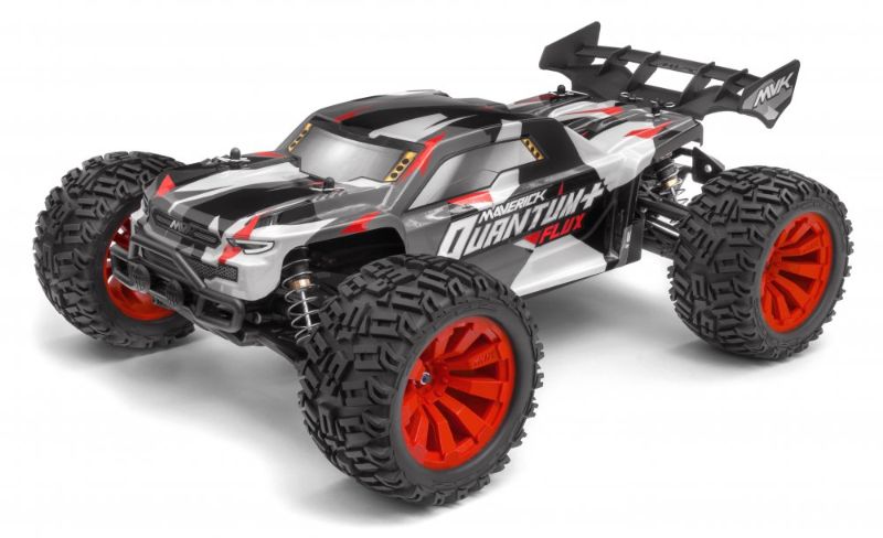 Red Maverick 1/10 QUANTUM+ FLUX 3S truck showcasing aggressive body, oversized wheels, and optimized gearing for off-road racing.