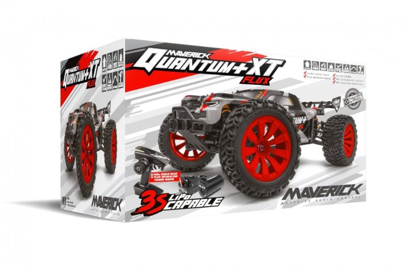 Maverick 1/10 QUANTUM+ FLUX 3S RC truck in red, featuring oversized wheels, aggressive design, and powerful 3S system for off-road thrills.