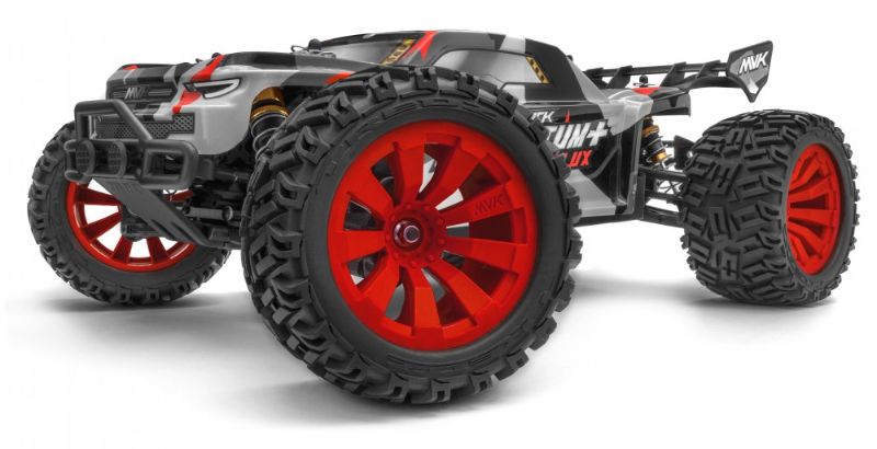 Maverick 1/10 QUANTUM+ FLUX 3S (RED) RC truck with oversized wheels, aggressive design, and high performance for off-road racing.