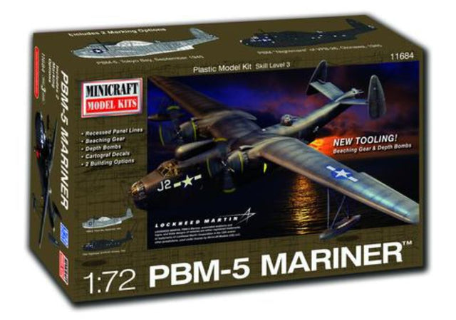 1/72 scale plastic model kit of the Martin PBM-5 Mariner, featuring detailed engines, beaching gear, and depth bombs for WWII enthusiasts.