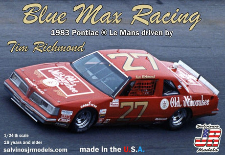 Unassembled 1/24 scale model kit of the '83 Pontiac LeMans, featuring intricate details of Tim Richmond's Blue Max Racing car.