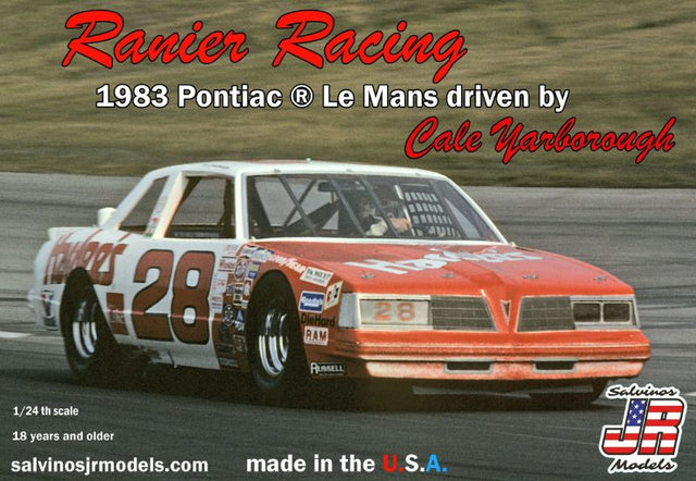 Detailed 1/24 scale model kit of the 1983 Pontiac Le Mans, capturing iconic Ranier Racing design and NASCAR nostalgia.