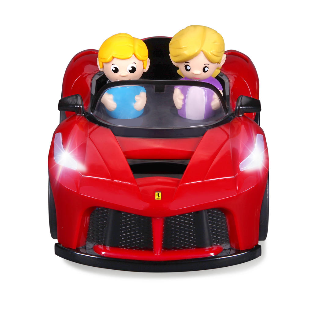 Colorful BB Junior Poppin Drivers LaFerrari toy car, featuring interactive pop-up characters, sounds, and lights for imaginative play.