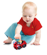 Colorful BB Junior Poppin Drivers LaFerrari toy car with interactive pop-up figures, sounds, and lights for imaginative play.