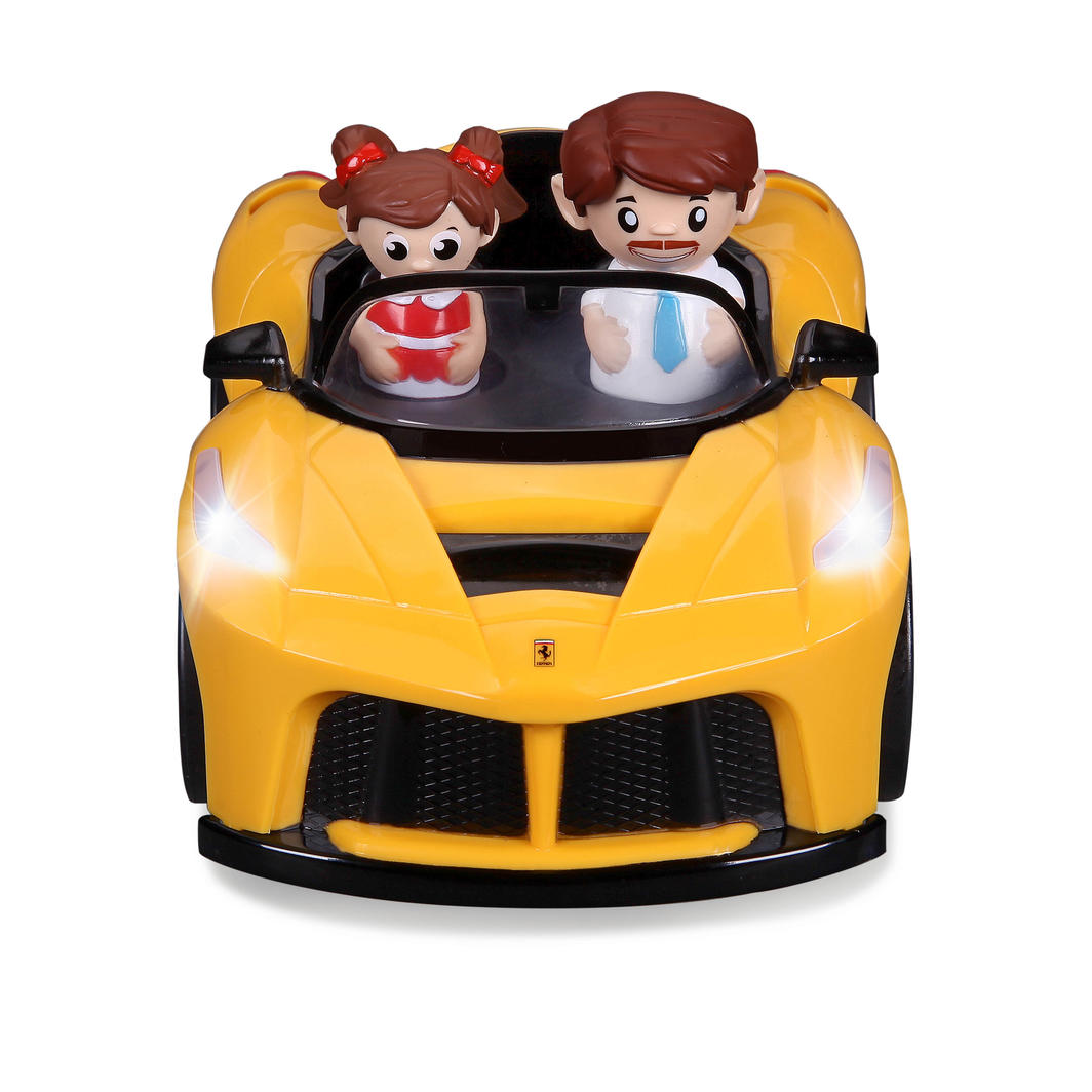 Colorful BB Junior Poppin Drivers LaFerrari pull-along toy with pop-up figures, sounds, and lights for interactive play.