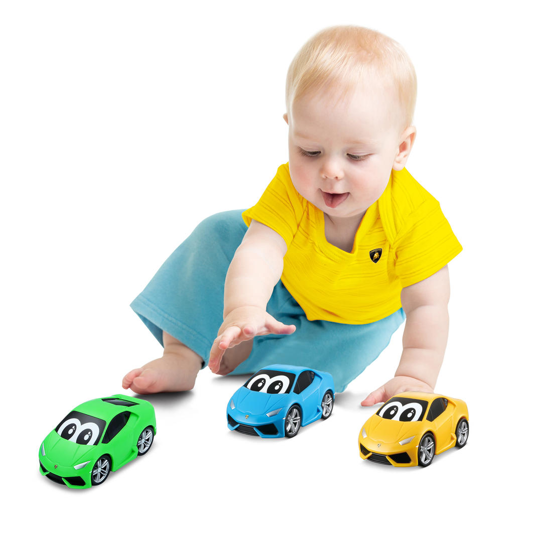 Cute BB Junior Lamborghini Huracan toy car designed for toddlers, promoting imaginative play and fine motor skills.