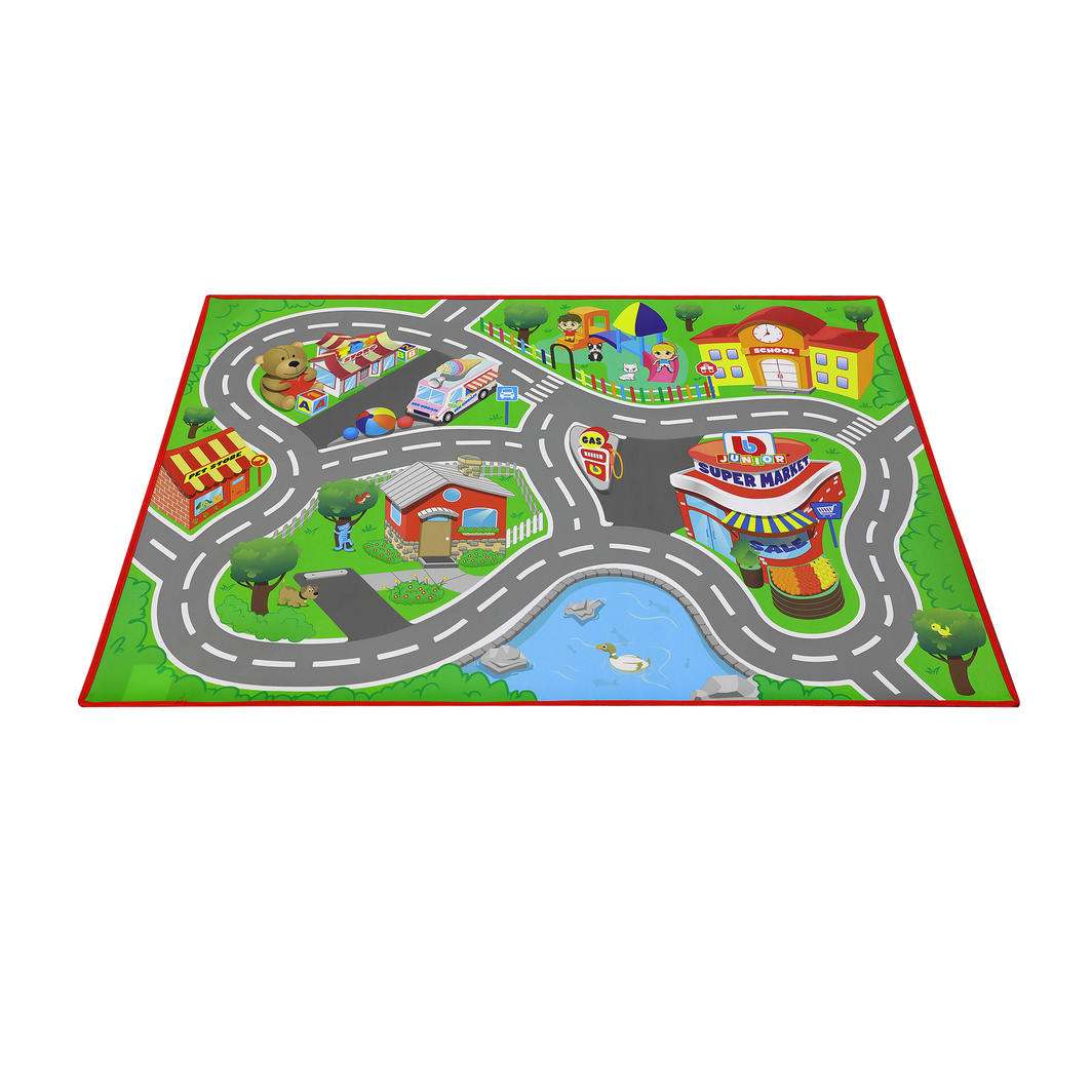 Colorful garage playset with wipeable city mat, two BB Junior cars, and a fun 2-level garage featuring slides and podium.