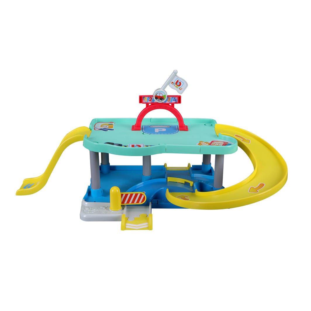 A colorful garage play set with wipeable city mat, two cars, slides, and podium for imaginative play and skill development.