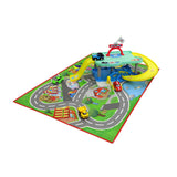 Imaginative garage play set with wipeable mat, two cars, and a two-level structure featuring slides and podium.