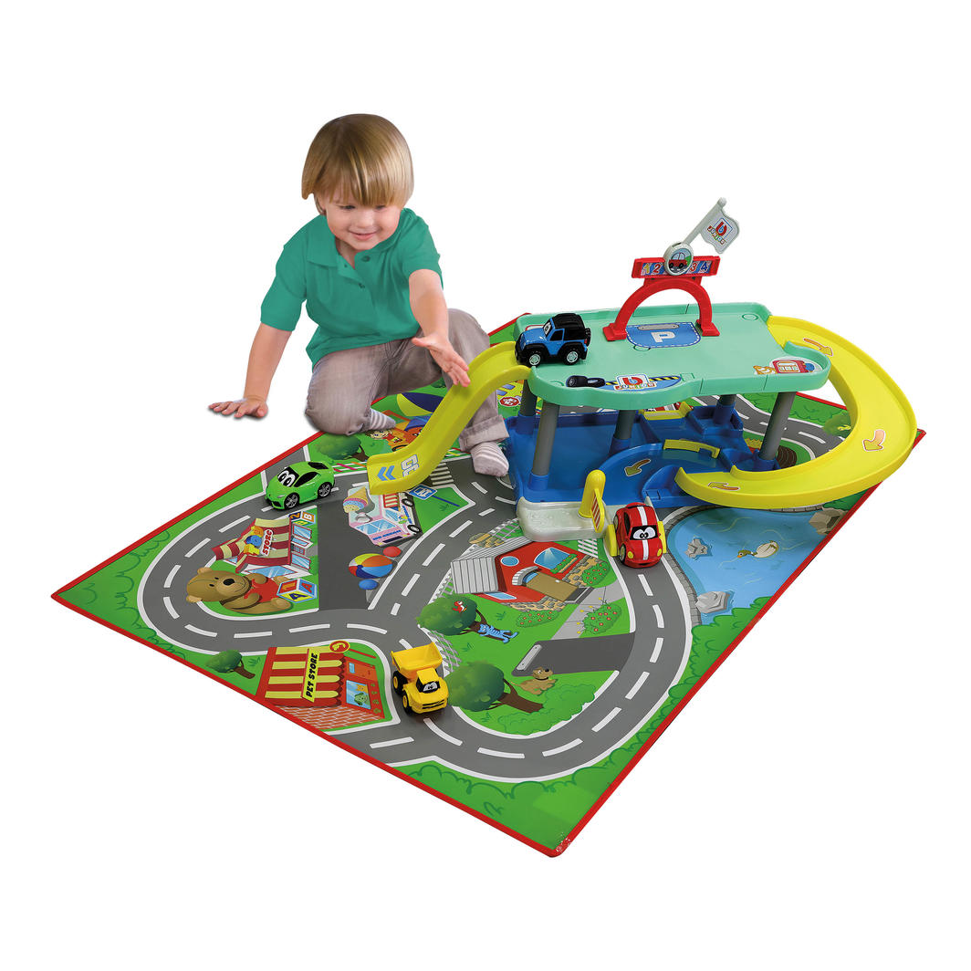 Colorful garage play set with wipeable city mat and two cars, featuring slides, ramps, and a podium for imaginative play.