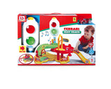 Colorful BB Junior Ferrari Test Track playset featuring F12 Berlinetta, traffic light, sounds, and mechanical lift for imaginative play.