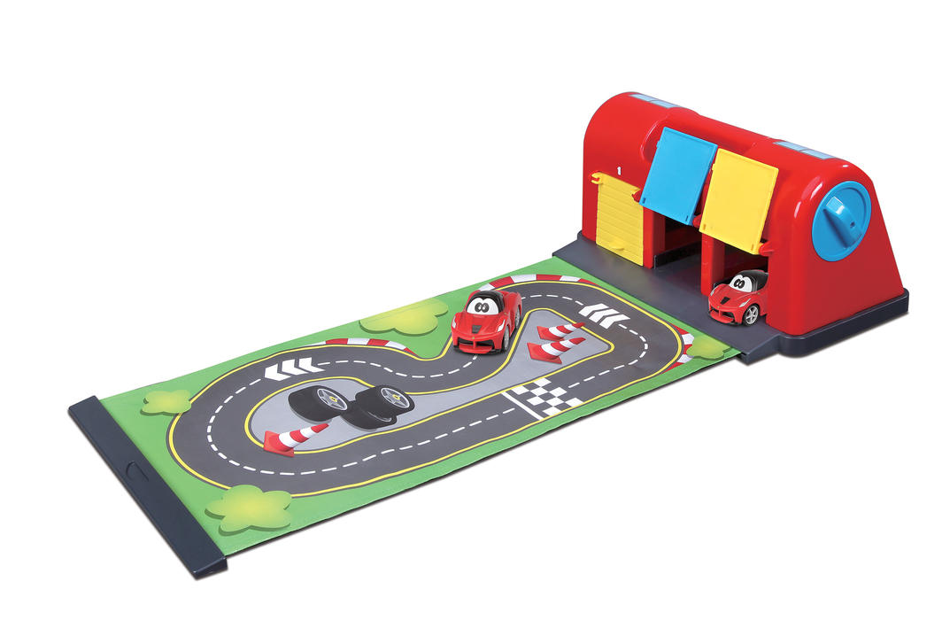 BB Junior Ferrari Roll Away Raceway with LaFerrari model, featuring a retractable playmat and colorful parking spaces for imaginative play.