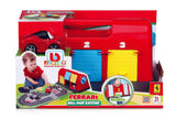 BB Junior Ferrari Roll Away Raceway playset featuring a LaFerrari, retractable playmat, and three colorful parking spaces.