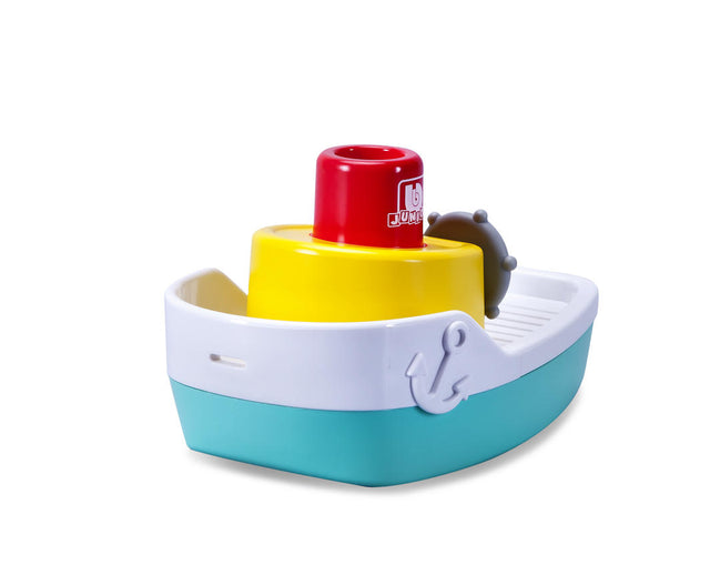 Colorful BB Junior Spraying Tugboat toy for babies, features a water sprayer and waterproof design for fun bath or pool play.