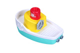 Colorful interactive tugboat sprays water from its chimney, perfect for bath time and pool fun for kids 12 months and up.