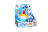 Colorful BB Junior Spraying Tugboat toy that sprays water, perfect for bath and pool play for kids aged 12 months and up.