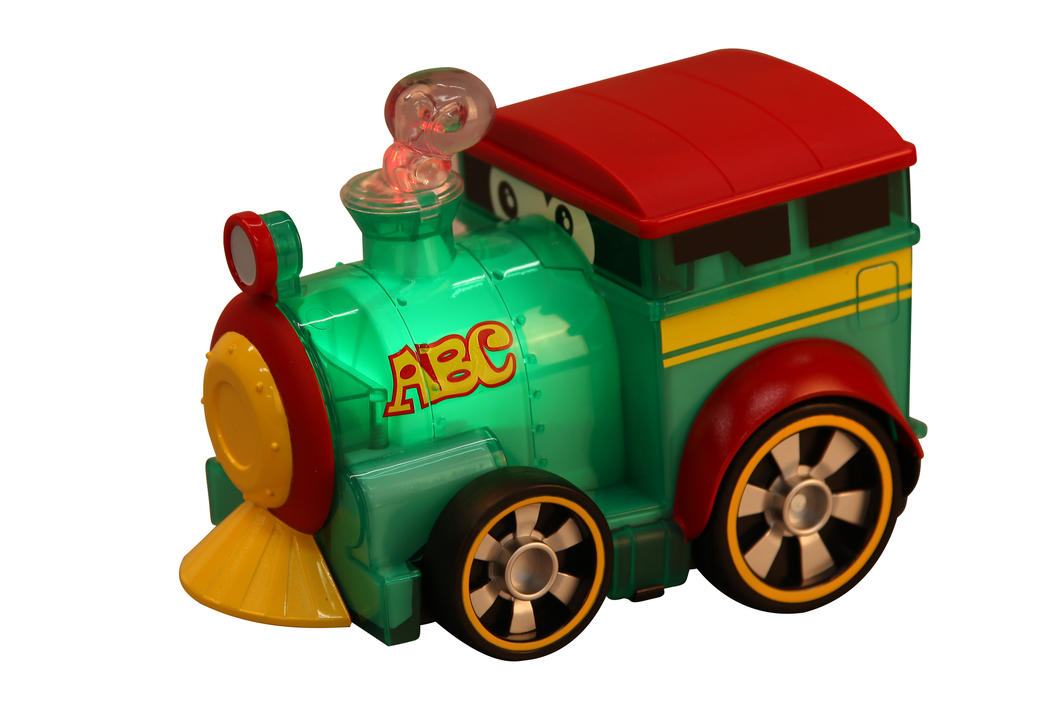 Colorful push toy train with glowing body and sound effects, designed for toddlers to spark imagination and develop skills.