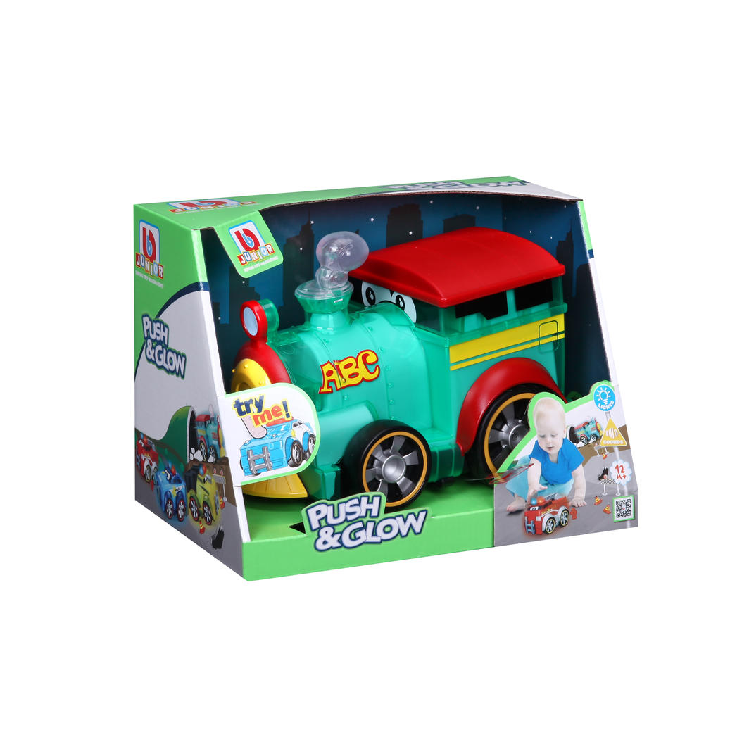 Colorful BB Junior Push & Glow Train designed for toddlers, featuring glowing body and sound effects for imaginative play.