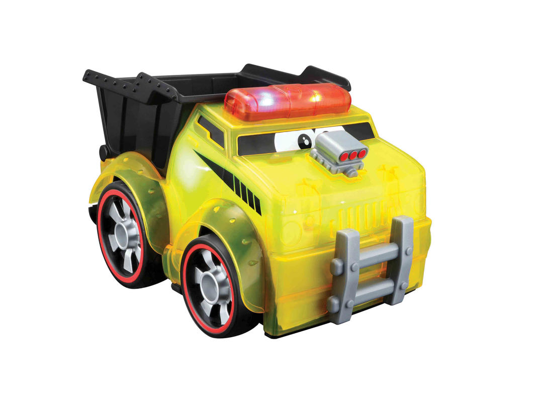 Vibrant BB Junior Push & Glow Dump Truck with glowing body and sounds, designed for imaginative play in toddlers and preschoolers.