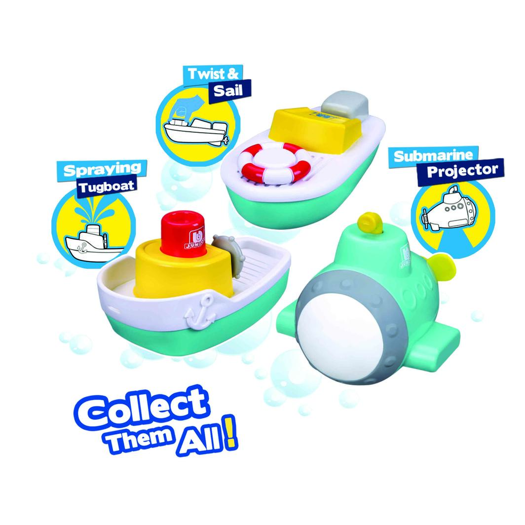 BB Junior: Splash 'N Play Jr Captains Gift Set featuring submarine projector, twist boat, and spraying tugboat for water fun.