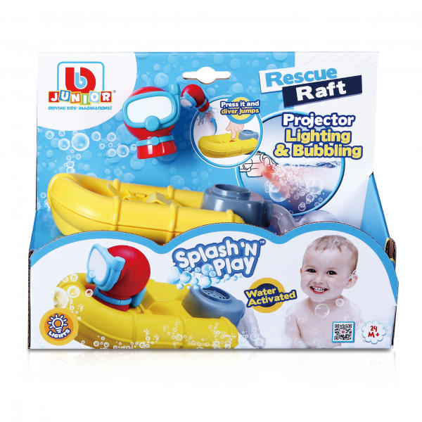 Colorful bath toy raft with diver figure, creates bubbles, and encourages imaginative play for kids aged 2 and up.