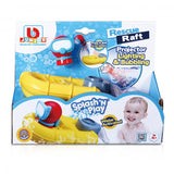 Colorful bath toy raft with diver figure, creates bubbles, and encourages imaginative play for kids aged 2 and up.