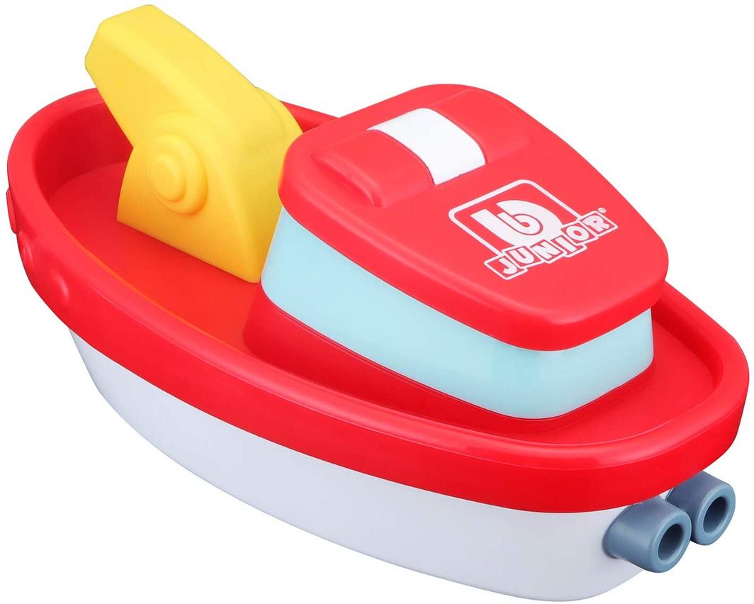 Colorful BB Junior Splash 'N Play Fire Boat spraying water at a buoy, designed for imaginative play and learning.