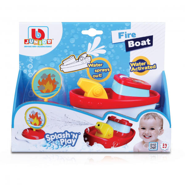 Vibrant fire boat toy with water spray feature, perfect for imaginative play and learning about cause and effect.