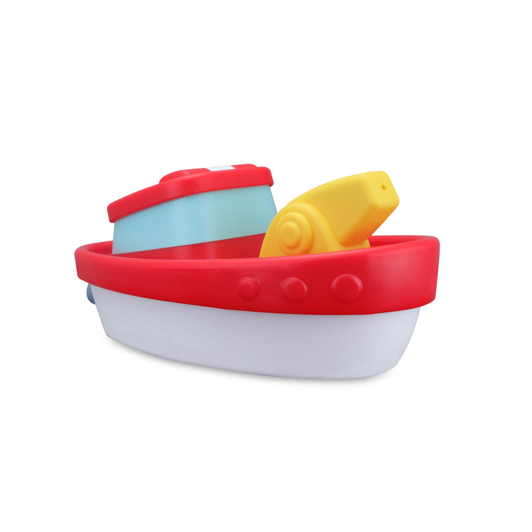 Colorful BB Junior Splash 'N Play Fire Boat toy spraying water, designed for imaginative play and fine motor skill development.