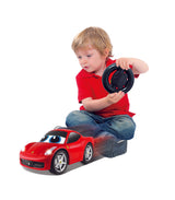 Red Ferrari 458 Italia remote-controlled car for kids, featuring easy controls, motion sensor, horn sound, and working lights.