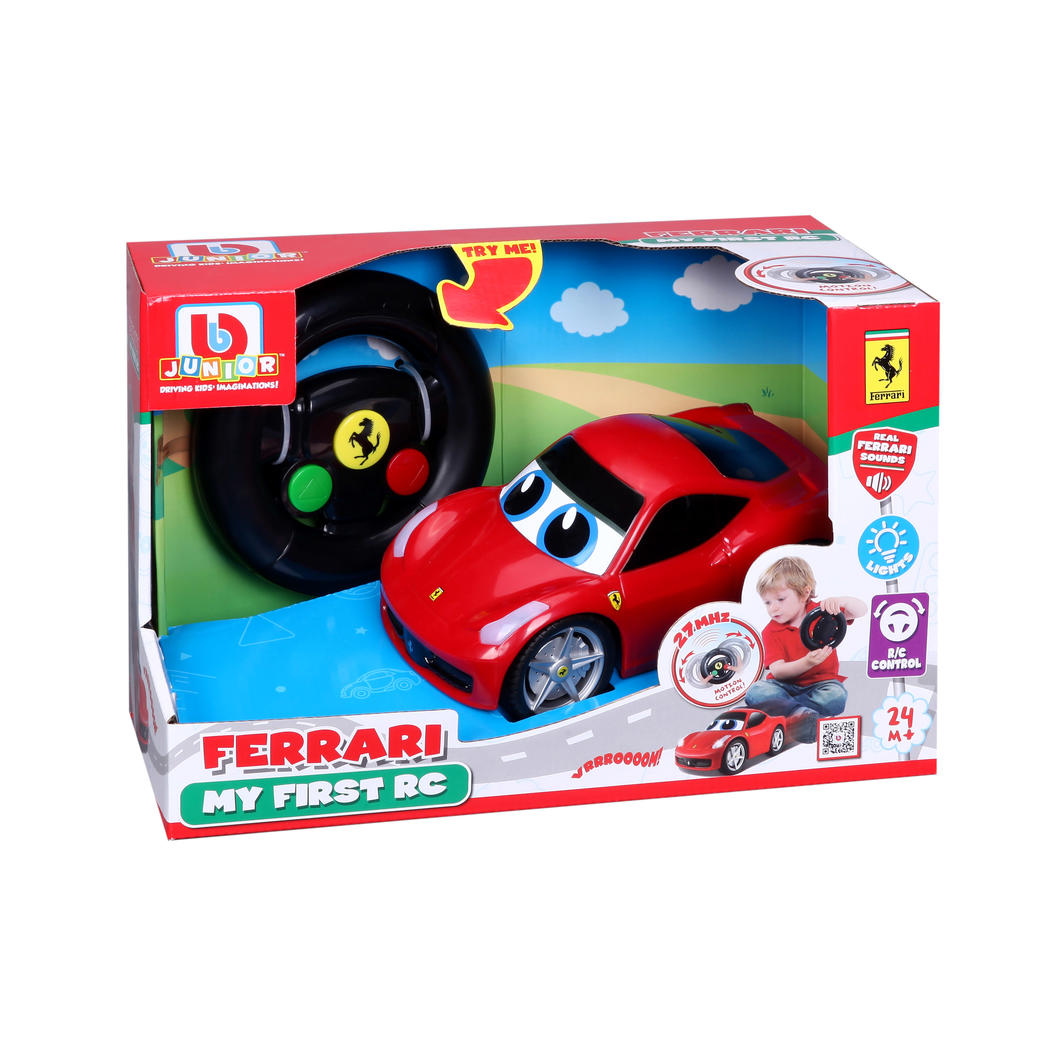 Bright red BB Junior Ferrari 458 Italia RC car for kids with user-friendly controls, headlights, taillights, and fun horn sound.