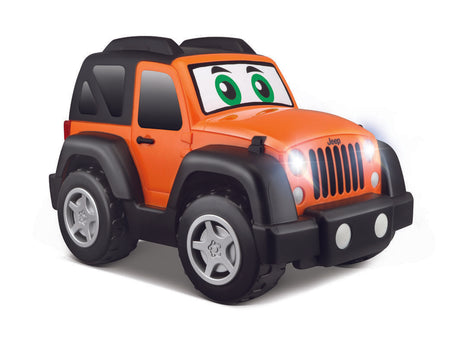 Brightly colored BB Junior Jeep Wrangler RC designed for kids, featuring motion sensor steering and working lights and sounds.